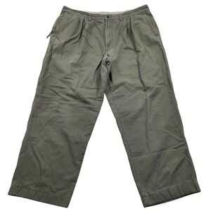 LL Bean Flannel Lined Pleated Chino Pants Carpenter Olive Green Mens 42x30